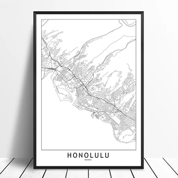 Honolulu Melna Balta Pasūtījuma Pasaules Pilsētas Karte, Plakātu Izdrukas Ziemeļvalstīm Sienas Art Pictures Mājas Dekoru Audekla Apgleznošana