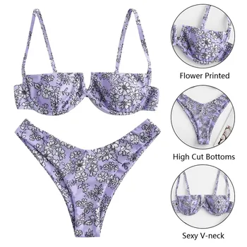 Peldkostīmi Ziedu Bikini Ir 2021. Sievietēm Pludmalē Peldkostīmu Purpura Ziedu Push Up Bikini Noteikti Divi Gabali Bikini