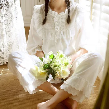 Salds Stand-apkakles Dizaina Sieviešu Baltā Krāsa Pidžamas Komplekti Mīkstas Kokvilnas ar garām Piedurknēm Sleepwear Piemērots Pavasara, Rudens