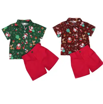 2PCS Set Ziemassvētki Bērniem Zēns Apģērbu Komplekts Santa Drukāt Īsām Piedurknēm Vienu Krūtīm, Krekli, Šorti Zēniem Džentlmenis Ziemassvētki Apģērbi