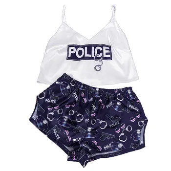 SIDDONS Vasaras Seksīgas Pidžamas Divas Gabals, kas Sieviešu Zīda Pidžamu Policijas Handcuff Drukāt Naktsveļu 