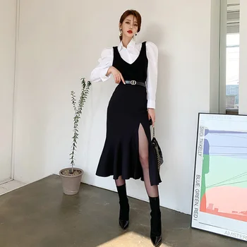 Sexy 2 gabals uzvalks korejiešu dāmām, balta, ar garām Piedurknēm topi un Maxi Black zaudēt bez Piedurknēm kleita ilgi Puse noteikti sieviešu apģērbs