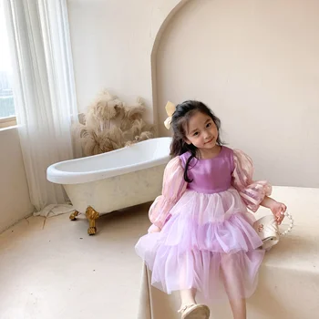 Pavasara Mazā Princese Kleita Meitenēm Modes Baby Meitenes Raibs Garām Piedurknēm Kleita Bērni Loku Puse Kleita Apģērbs