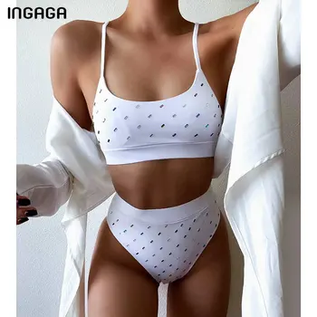 INGAGA Augsto Vidukli, Bikini, Peldkostīmi Push Up Sieviešu Peldkostīmi Augstu Kāju Biquini Cietā Melnā Peldvietu Tērpi Ir 2021. Jaunu un Seksīgu Beachwear