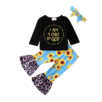 3PCS Toddler Lovely Baby Girl Apģērbu, Topi ar garām Piedurknēm T +Saulespuķu Signālraķetes Leopard Bikses +Galvas Apģērbs