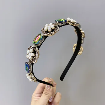 Baroka Rhinestone Galvu Retro Sakausējuma Pērle Handbands Kristāla Matu Aksesuāri, Ziedu Hairband Vadītājs Wrap Matus Band