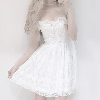Kawaii Vasaras kleita jauns Lolita kleita sievietēm korejas svaigi salds gudrs mežģīņu izšūšanas augsta vidukļa seksīgas meitenes kleita Loli baltās kleitas