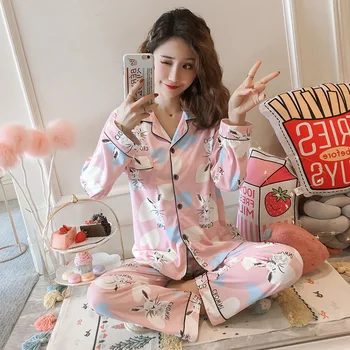 Jaunu 2021 Sieviešu Pidžamas Komplekti ar Biksēm ar garām Piedurknēm Savukārt Apkakle ar Kabatas Pyjama Cute Karikatūra Pogas Augšējā+Bikses Pijama