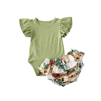 Jaundzimušā bērna Baby Meitenēm 0-24M Drēbes Savirmot Piedurknēm Romper Ziedu Bikses Apģērbs