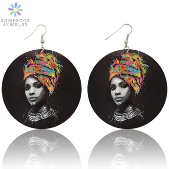 SOMESOOR Vintage Koka Piliens Auskari AFRO Auduma Headwrap Sieviete Black Art Portretu Iespiesti Āfrikas Koka Rotaslietas, Meitene, Dāma
