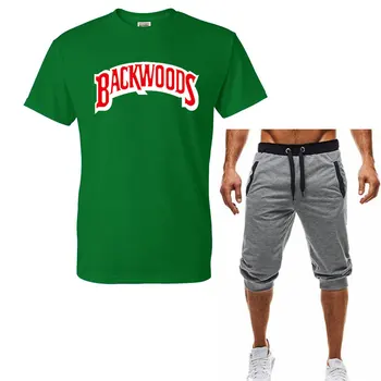 Modes Vasaras Harajuku Hip Hop T Gadījuma Sporta-Suitn T-Krekls + Šorti Backwoods Apdrukāta Kokvilnas T 2 gabals.