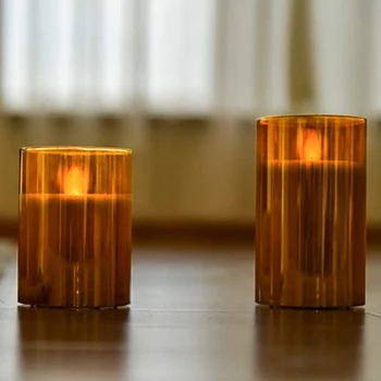 Dzintara krāsas Stikla LED Flameless Sveces Mirgo ar Tālvadības pulti,Bateriju Darbināmas,Kāzu,Svētku Rotājumi,Dāvanas,3 Pack