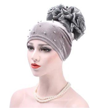 Musulmaņu Sievietes Stiept Samta Pērļu Ziedu Turban Cepures Chemo Beanie Cepures galvas apsējs Hijab Kroku Wrap Cover Vāciņu Matu Izkrišana Vēzis