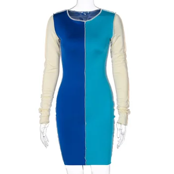 ANJAMANOR Rudenī 2020. Gada Modes Krāsu Bloku ar garām Piedurknēm Mini Kleitas, Sieviešu Apģērbi Seksīga Nakts Klubs Bodycon Kleita Vestidos D70-BG22