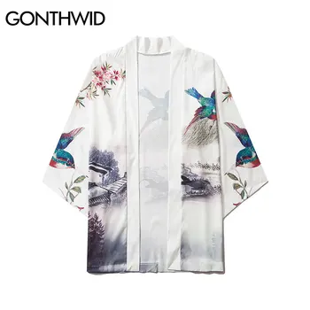 GONTHWID Ķīnas Ainavu Glezniecības Peld Putns Drukāt Japāņu Kimono Jaka Krekli Jakas Ikdienas Atvērt Priekšējo Mētelis Streetwear