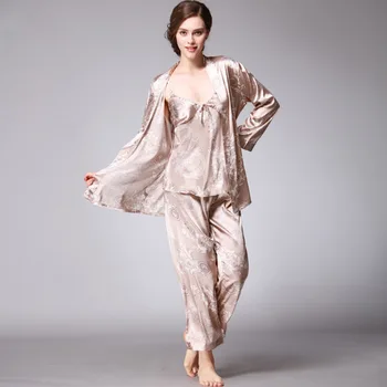 QWEEK Sexy Miega Lounge 3 Gabali V-veida Kakla Sieviešu Pidžamas Komplekts Elegantā Drukāt Pidžamas ar garām Piedurknēm Sievietēm Sleepwear Sieviešu Naktsveļu