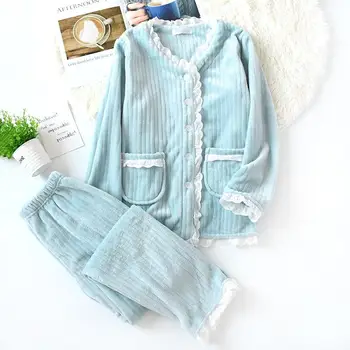 Jauno Modes Siltas Flaneļa Pidžamas Komplekts Sievietēm Ziemā, Rudenī, Pidžamas Sleepwear Mežģīnes, Rozā Pidžamā Biezs Silts Sleepwear