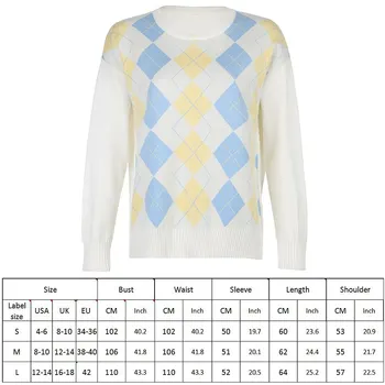 -Pleds Rhombus Džemperis Sievietēm, Trikotāžas Džemperis, Y2K Argyle Stils džemperis, balta apkakle, V-veida kakla,stils,korejiešu stilā