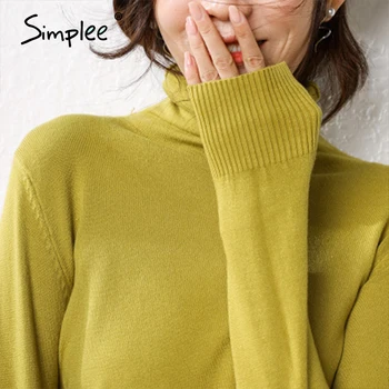 Simplee Atpūtas augstas apkakles pamata džemperis Slim mājīgu garām piedurknēm džemperis Mājas stila modes sieviešu džemperis Rudens, ziemas 2020