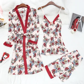 JŪLIJS DZIESMA Sieviešu Kokvilnas Pidžamas Komplekts 3 Gabali, Sexy Smalku Mežģīņu Pidžamu Pavasara Vasaras Sleepwear Bikses Mīksta Ikdienas Mājas apstākļos