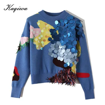 Smagā rūpniecība Sequin pušķis krāsas džemperis sievietēm 2020. gada pavasarī, Rudenī Jaunu korejiešu modes īsa kārta garām piedurknēm adīts B-016
