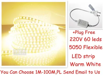 Super spilgti 5050 LED sloksnes 220V - 240V augstsprieguma Caurule tips Ūdensnecaurlaidīga elastīga SMD led sloksnes 60leds/M Wth PLUG