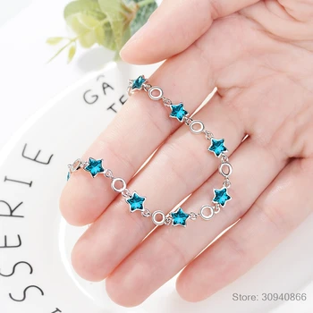 925 Sterling Silver Blue Crystal Star Šarmu Aproces Sievietēm Augstas Kvalitātes Dāmu Modes Rotaslietas Puse