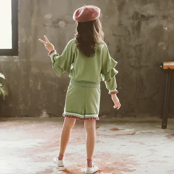 Jaunā Pavasara Bērni Meitenēm Rudenī Tērpiem Vienkrāsainu Divas Gabals Clotheing Uzstādīt Savirmot Piedurknēm Krekls + Lacework Svārki Bērnu Drēbes