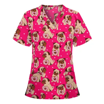Sieviešu Vienotu V-veida kakla Dzīvnieku Print T Krekls ar Īsām Piedurknēm Topi Kabatas Krekls Aptieka Māsu Krūmāji Topi Darba Vienotos Blūze