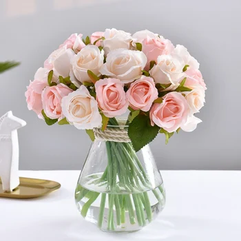Rozes Mākslīgie Ziedi līgavas romantisku Kāzu Pušķi, mājas dekoru Viltus Ziedu, Dāvanu Galda Centerpieces Decoration12 Gabalu / Daudz