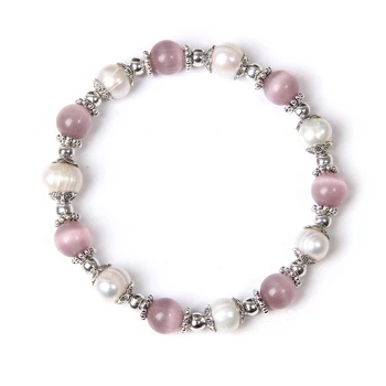 Vairumtirdzniecības rozā kaķu acu kvarca akmens balto pērļu krelles diy aproce sieviešu roku darbs rotaslietas sievietēm Meitene, sieviete elegantā perlamutra dāvanas