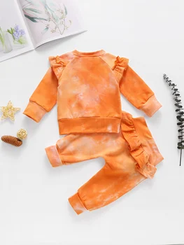 2gab Jaundzimušā bērna Kid Baby Meitenes kaklasaišu krāsošanas Apģērbs Kopa ar garām Piedurknēm Topi Zeķes Bikses Kopa Ruffles Bērnu, Meiteņu Apģērbs