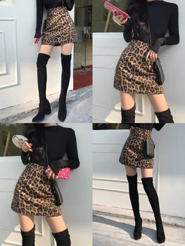 XUXI Leoparda Apdrukas Puse garuma Svārki Sieviešu Sexy Pavasara Mini Augsts Viduklis Bija Plānas Retro Modes Īss Zīmuli FZ3417
