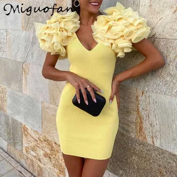 Miguofan Trikotāžas Cietā Eleganta Mini Kleita Sievietēm Ruffles Gadījuma Elegantas Dāmas Kleita Vestidos Slim Sieviešu 2020. Gada Rudenī Jauns Dizains