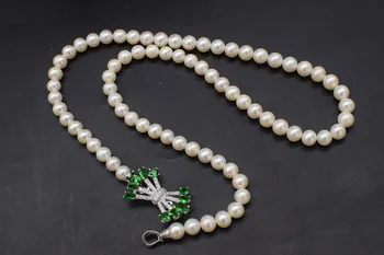 Saldūdens pērļu baltā kārta + zaļā zircon aizdare 6-7mm AA kaklarota 22inch vairumtirdzniecības pērlītēm dabas FPPJ sieviete