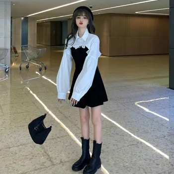 Sievietēm Komplekti Puff Piedurknēm Savukārt Apkakle Ruffles Streetwear Rudens Modes Slim Skaistumu korejiešu Stilā Šiks Rāvējslēdzēju Svārki Taustiņš Ins