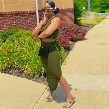 HAWTHAW sieviešu vasaras apģērbu gadījuma armijas zaļā soild krāsu slim crop topi zīmuli svārki streetwear divas gabals, kas apģērbs