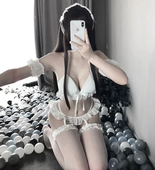 Sieviešu Sexy Kostīmi Melns Balts Komplekts Lolita Vienotu Krūšturis Meitene Masta Dāma Cosplay Homewear Nakts Kleita Komplekts