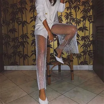 Mīlestība Aing 2020. Gadam Sieviešu Bikses Vasaras Jaunā Modes Dobi Fishnet Crystal Diamond Spīdīgu Plaša kāju Bikses Sexy Viedokļa Pludmales Bikses