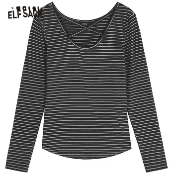 ELFSACK Zaļā Svītrainām Criss Cross Mežģīnes Up Gadījuma Sieviešu T-Krekls 