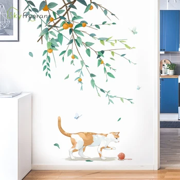Radošā svaigi sienas uzlīmes augļu filiāle kaķis pašlīmējošas dzīves telpu dekorēšana guļamistaba dekori mājas dekoru, sienas uzlīmes, dekori