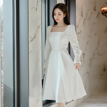 Korejas Rudens Pilnu Piedurknēm Šūpoles Gadījuma Vestidos Augsts Viduklis pusgarās Sieviešu Baltās Kleitas Kroku