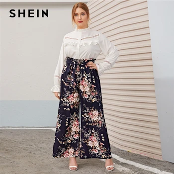 SHEIN Plus Lieluma Multicolor Paperbag Vidukļa Ziedu Drukāt Plaša Kāju Bikses Sieviešu Rudens Pavasara Boho Siksnas Ilgi Brīvs Bikses