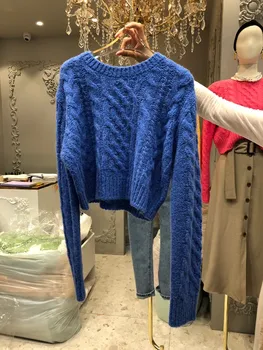 Nomikuma Augstas Starām. Īss Savīti Džemperis Džemperis 2020 Rudens Ziemas Pull Femme garām Piedurknēm O-veida kakla Cēloņu Adīti Topi 6B414