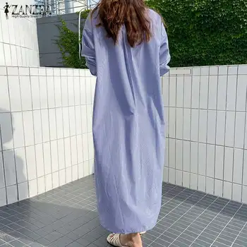 Stilīgs Svītrainais Krekls Kleita Sieviešu Pavasara Sundress ir 2021. ZANZEA Gadījuma Atloks Pogu Midi Vestidos Sievietes Pogu Pusē Sadalīt Drēbes
