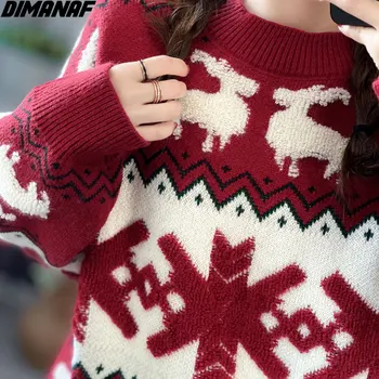 DIMANAF Plus Lieluma Džemperis Sievietēm Adīšanas Džemperi Ziemassvētku Stilā Drukāt Silts Sarkans Modes Gadījuma Vintage Ziemas Zaudēt Jauno Gadu