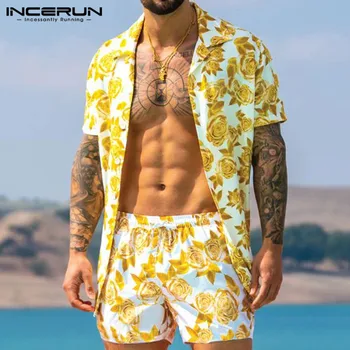 Vīrieši Havaju Komplekti Drukas 2021. Gada Vasaras Īsām Piedurknēm Pogas, Kreklu, Pludmales Šorti Streetwear Gadījuma Vīriešu Uzvalku 2 Gabaliem S-5XL INCERUN