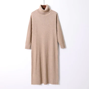 2020 Rudens Ziemas Bieza Adīta Garu Taisnu Sieviešu Apģērbs Silts Augstu Uzrullētu Apkakli Džemperis Džemperis Kleitas Pp498