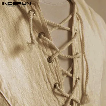 INCERUN Vīriešu t-veida Topi ar garām Piedurknēm ar Mežģīņu V Neck Top Apģērbs Camisa Krekli