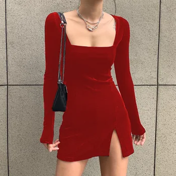 YYXZ Pavasara Modes Slim, Sexy tīrtoņa Krāsu Kvadrātveida Kaklu garām Piedurknēm SML Samta Plaisām Sieviete Gadījuma Mini Kleita Lady Apvalks Kleita